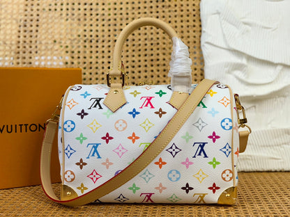 Sac bandoulière LV x TM Speedy 25 cm en toile monogrammée blanche et multicolore