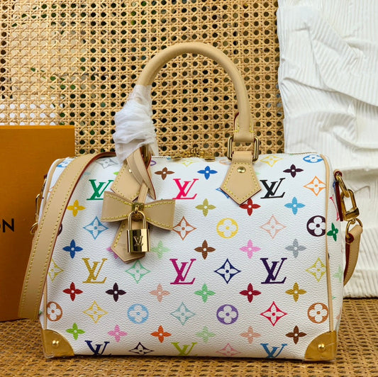Sac bandoulière LV x TM Speedy 25 cm en toile monogrammée blanche et multicolore
