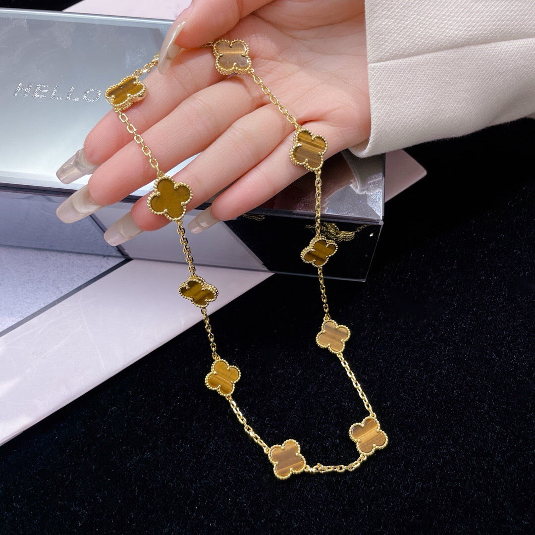CLOVER 10 MOTIFS TIGER EYE NECKLACE