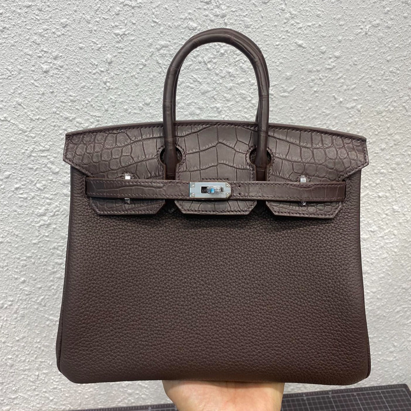 Sac HM Birkin 25 cm en cuir de crocodile et Togo, finitions argentées