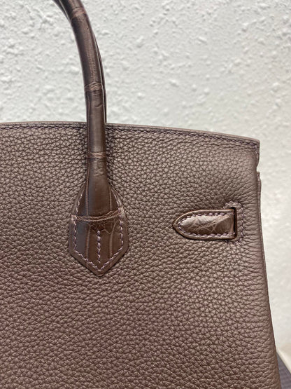 Sac HM Birkin 25 cm en cuir de crocodile et Togo, finitions argentées
