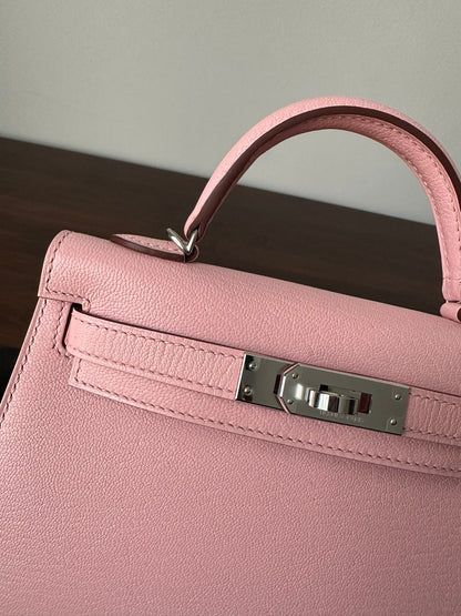 HM KELLY MINI 20 ROSE CHEVRE QUINCAILLERIE ARGENTÉE