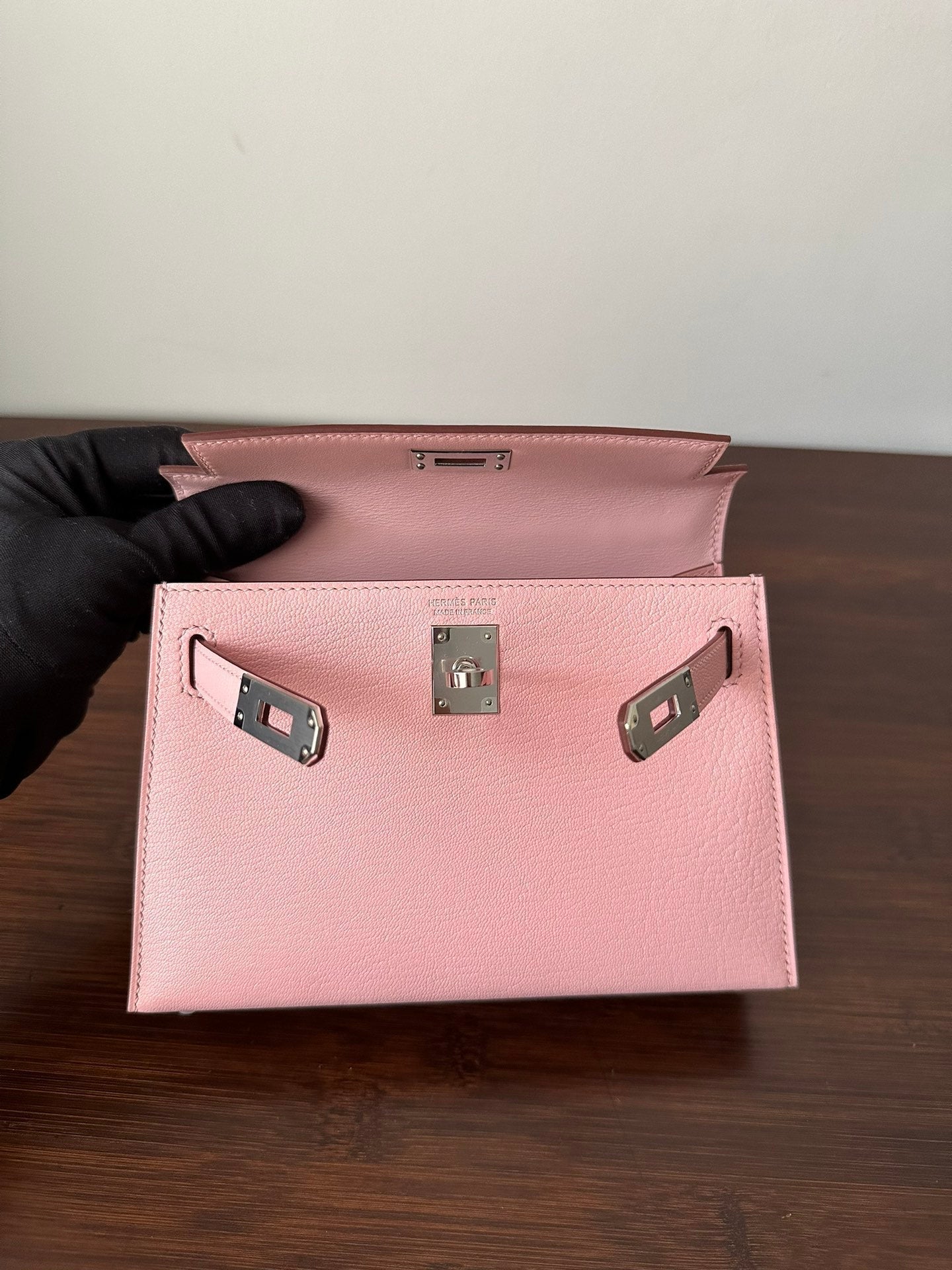 HM KELLY MINI 20 ROSE CHEVRE QUINCAILLERIE ARGENTÉE