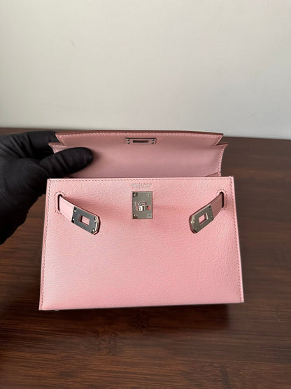 HM KELLY MINI 20 ROSE CHEVRE QUINCAILLERIE ARGENTÉE