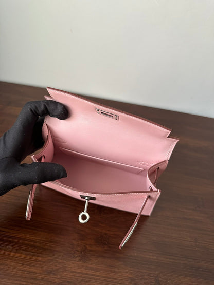 HM KELLY MINI 20 ROSE CHEVRE QUINCAILLERIE ARGENTÉE