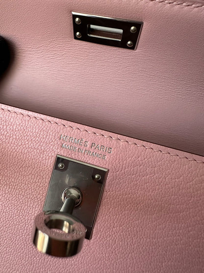 HM KELLY MINI 20 ROSE CHEVRE QUINCAILLERIE ARGENTÉE