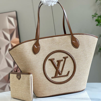 Sac cabas LV Saint Jacques 22 cm en raphia et cuir marron