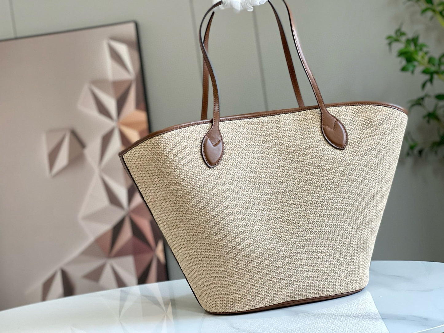 Sac cabas LV Saint Jacques 22 cm en raphia et cuir marron