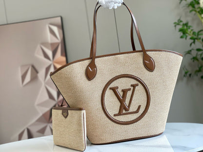 Sac cabas LV Saint Jacques 22 cm en raphia et cuir marron