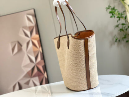Sac cabas LV Saint Jacques 22 cm en raphia et cuir marron