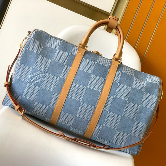 KEEPALL 50 BANDOULIÈRE BLEU DAMIER DENIM 