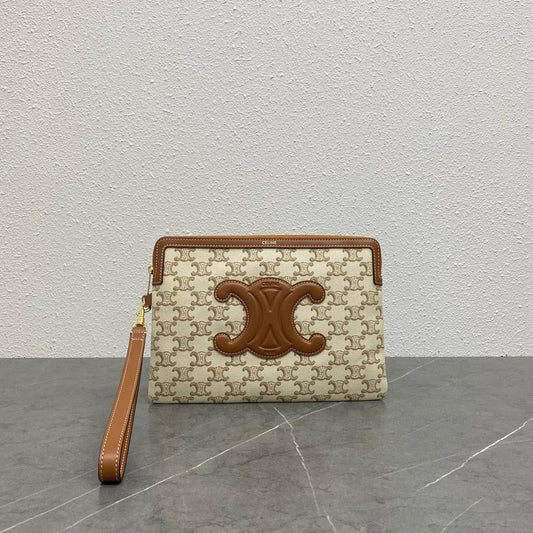 petite pochette avec bandoulière 24 cm textile beige cuir de veau tan