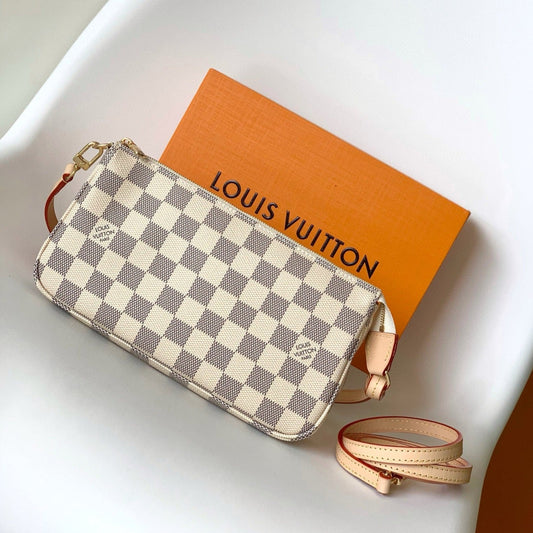pochette accessoires 23cm toile damier azur beige