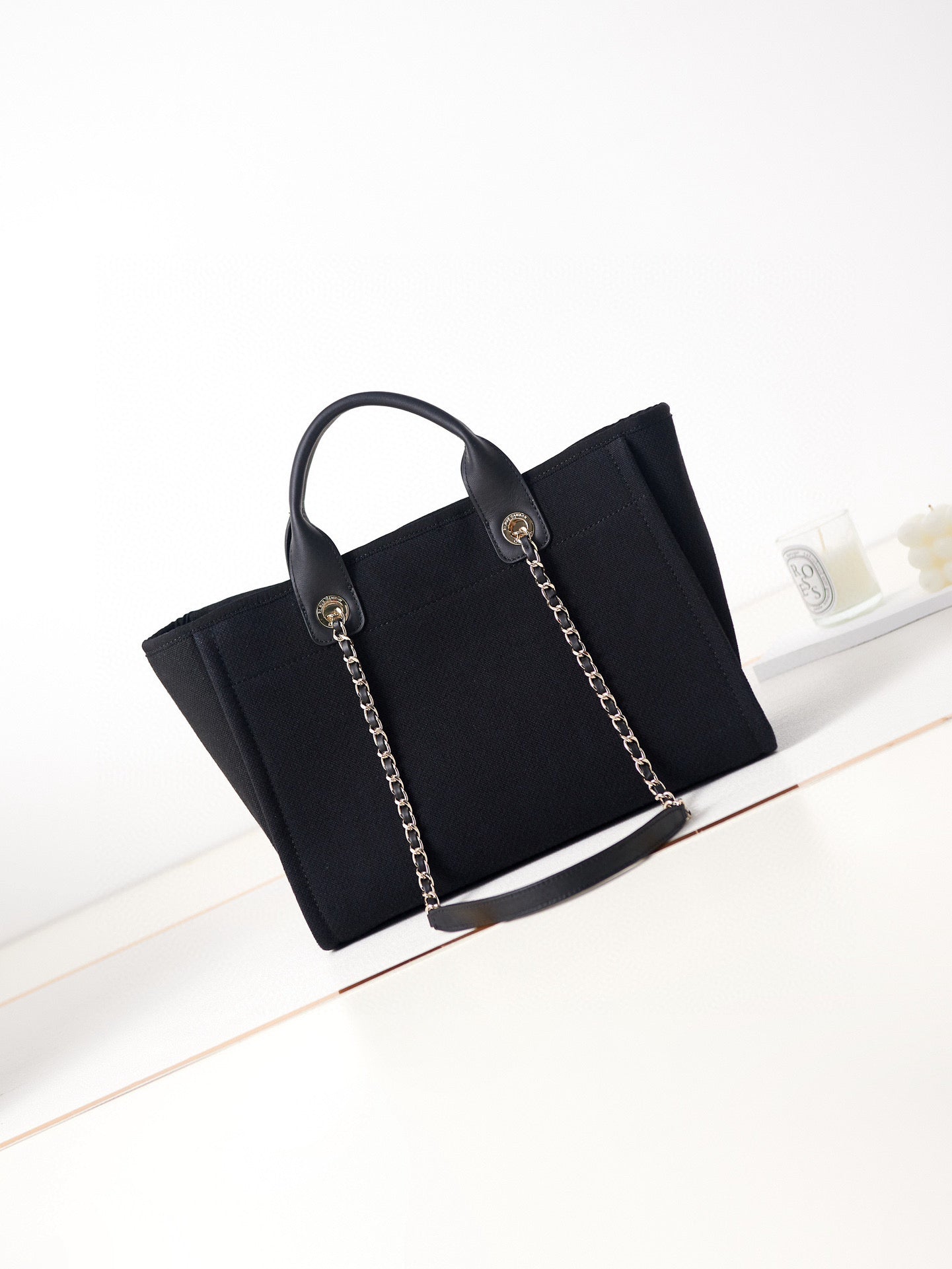 Petit cabas CC Deauville 33 cm en cuir de veau noir et tissu mélangé