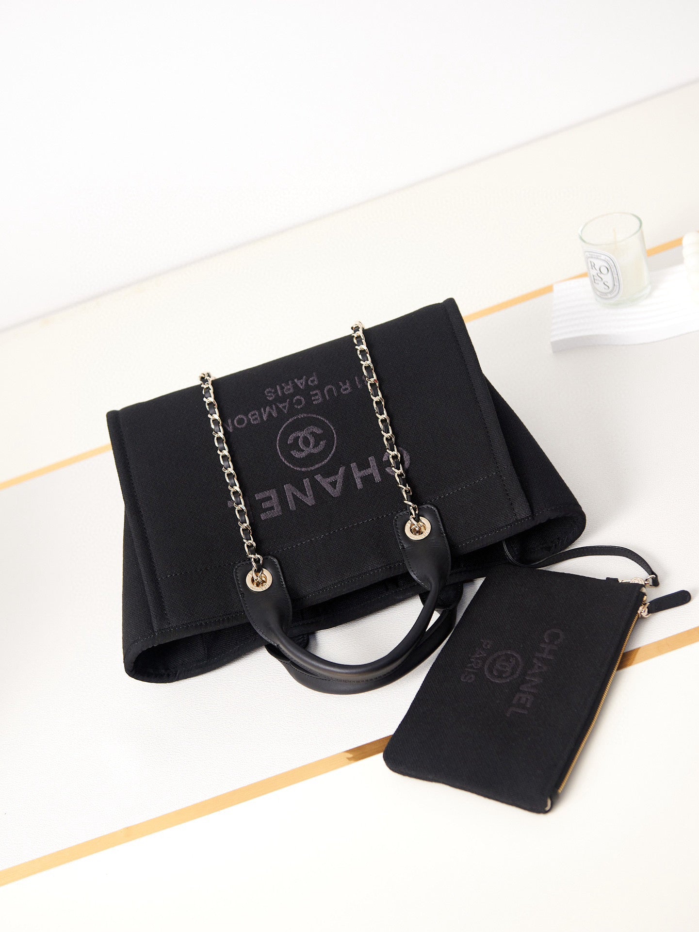 Petit cabas CC Deauville 33 cm en cuir de veau noir et tissu mélangé