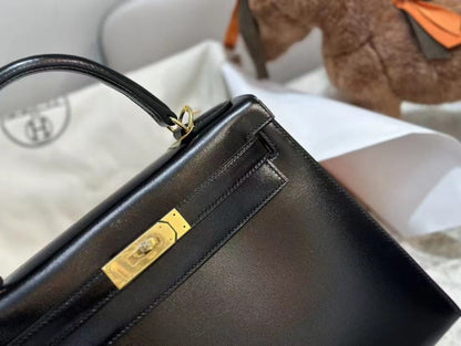 HM ケリー 28cm ブラック ボックスカーフ ゴールドハードウェア