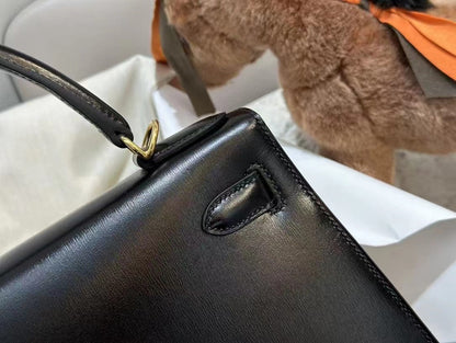 HM ケリー 28cm ブラック ボックスカーフ ゴールドハードウェア