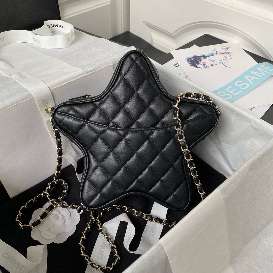 Sac Star 24C 22,5 cm en cuir de veau noir, accessoires dorés 