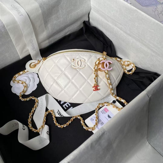 Pochette CC 24A 27 cm Sac classique en cuir d'agneau blanc