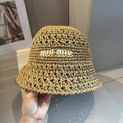 Chapeau en tissu tissé beige Miu