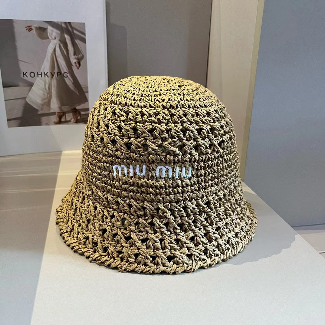 Chapeau en tissu tissé beige Miu