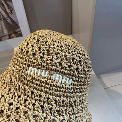 Chapeau en tissu tissé beige Miu