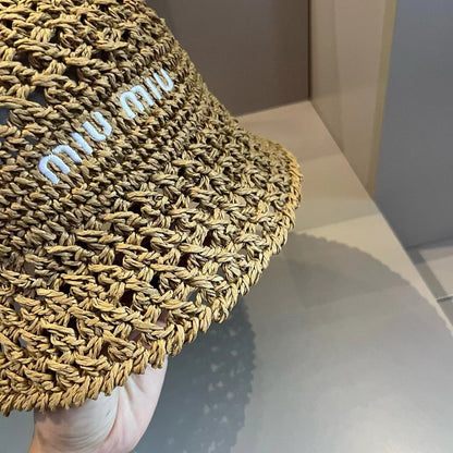 Chapeau en tissu tissé beige Miu