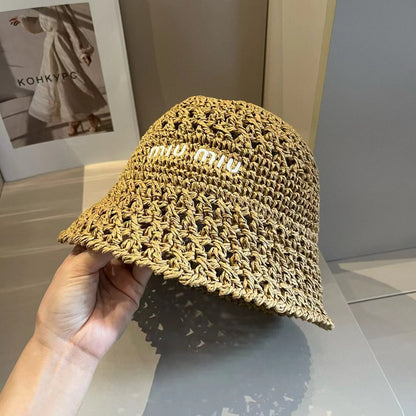 Chapeau en tissu tissé beige Miu