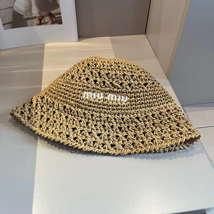 Chapeau en tissu tissé beige Miu