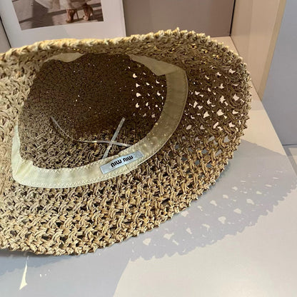 Chapeau en tissu tissé beige Miu