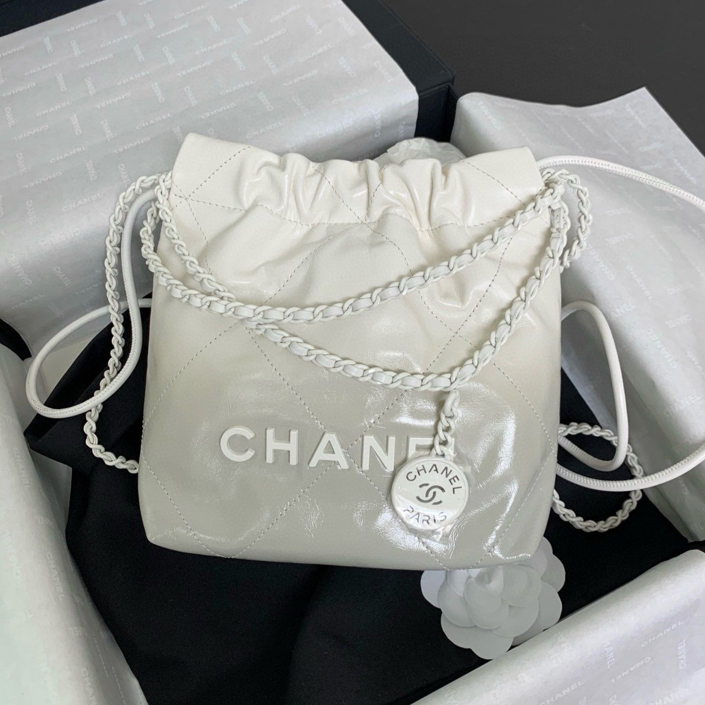 Sac Hobo CC Mini 22 en cuir d'agneau blanc et gris