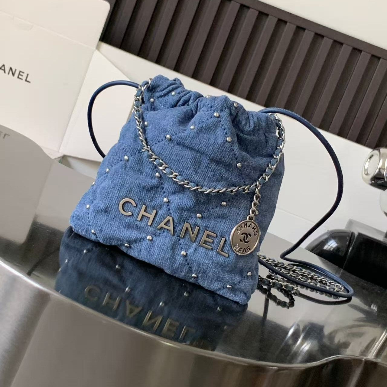 CC 22 Mini Chain Shoulder Bag Blue Denim Shw