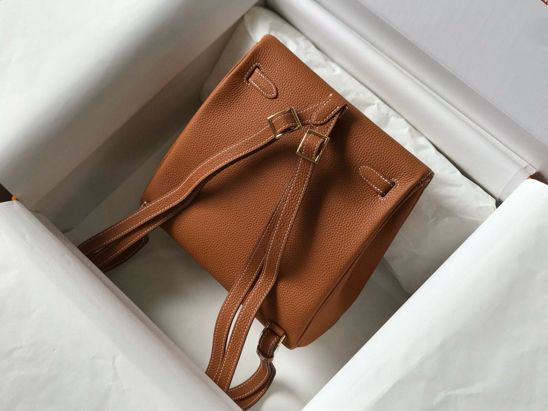 SAC À DOS KELLY ADO 22 TOGO EN CUIR DE VEAU MARRON, QUINCAILLERIE DORÉ