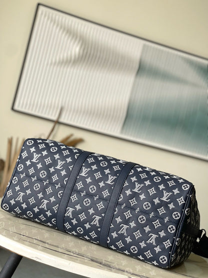 LV Keepall Bandouliere 50 Navy Blue Monogram Shadow Cowhide