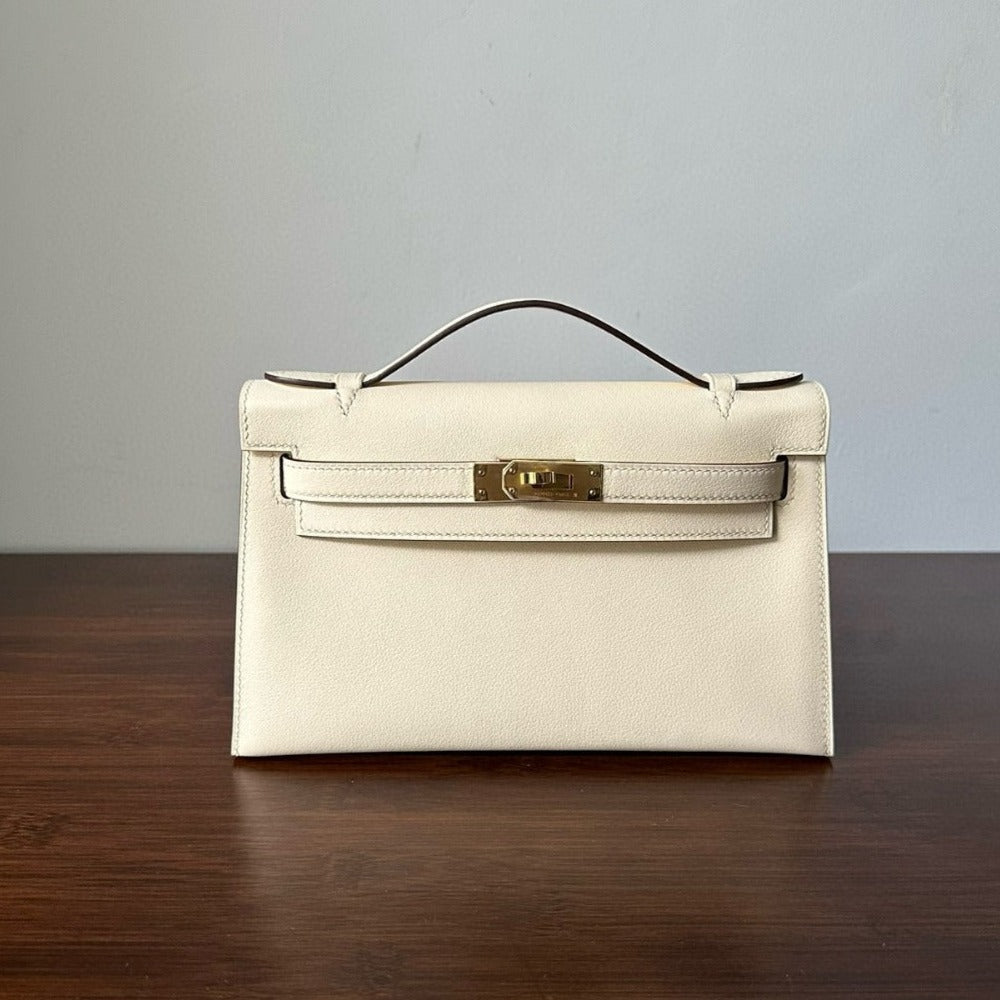 Pochette HM Kelly 22 cm Blanc Beige Swift Gold Hardware Best