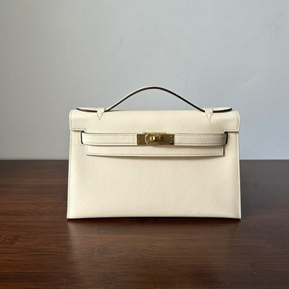 Pochette HM Kelly 22 cm Blanc Beige Swift Gold Hardware Best
