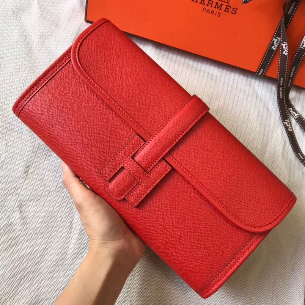 Pochette Hermès Jige Elan 29 en cuir Epsom rouge
