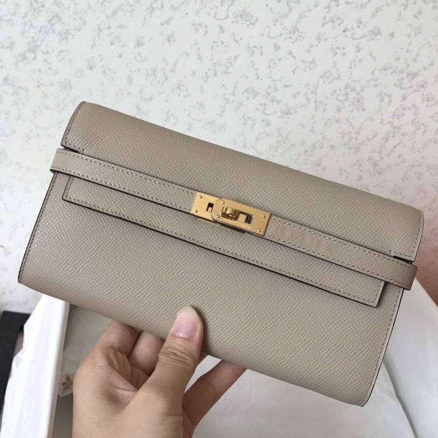 Portefeuille long Kelly 20 cm en cuir Epsom gris