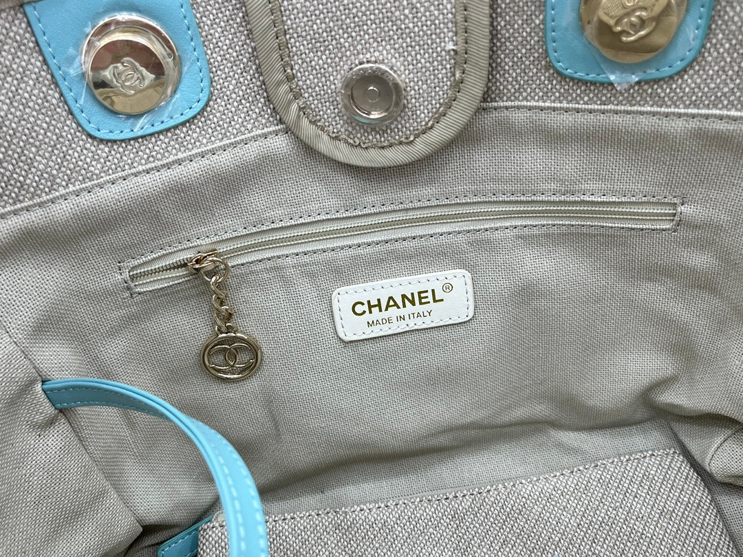 CC ドーヴィル ツイードバッグ 33x26x15.5cm ブルースカイレザー ゴールド金具 32