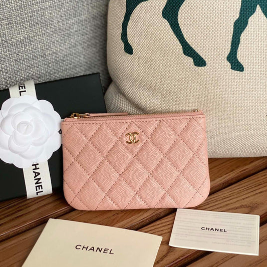 portefeuille zippé CC 15 caviar rose clair matériel doré