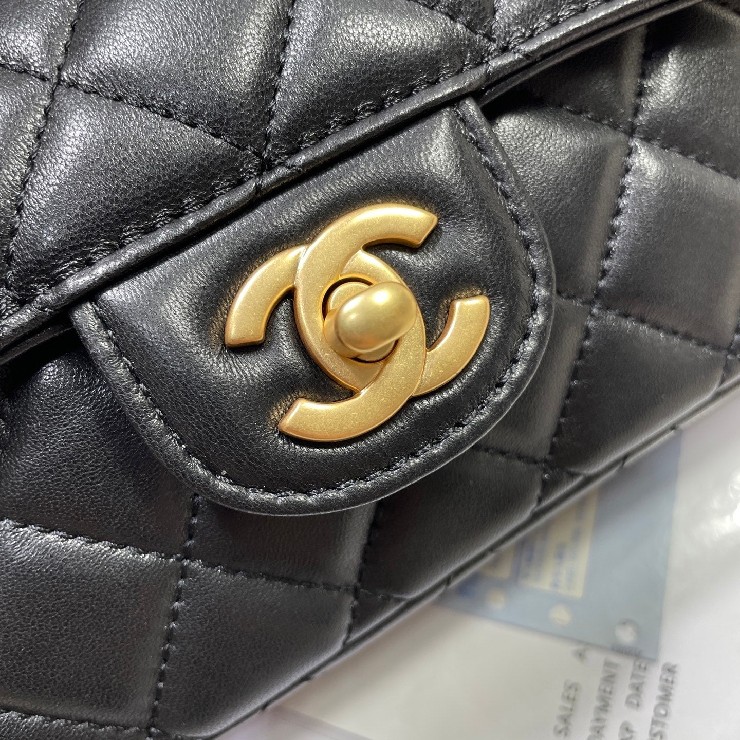 CC 25P ミニフラップバッグ 22cm トップハンドル ブラック カーフスキン ゴールド金具
