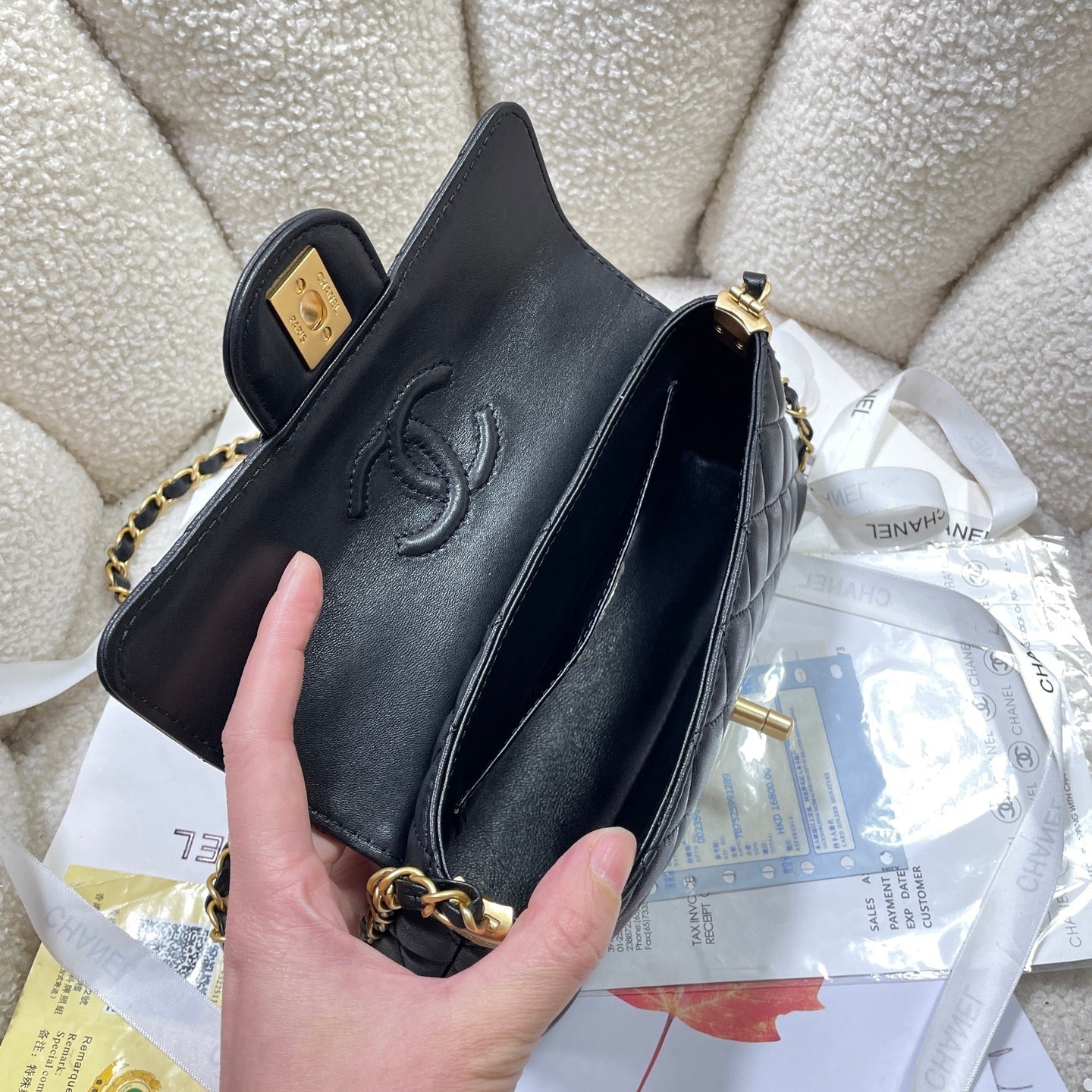 CC 25P ミニフラップバッグ 22cm トップハンドル ブラック カーフスキン ゴールド金具