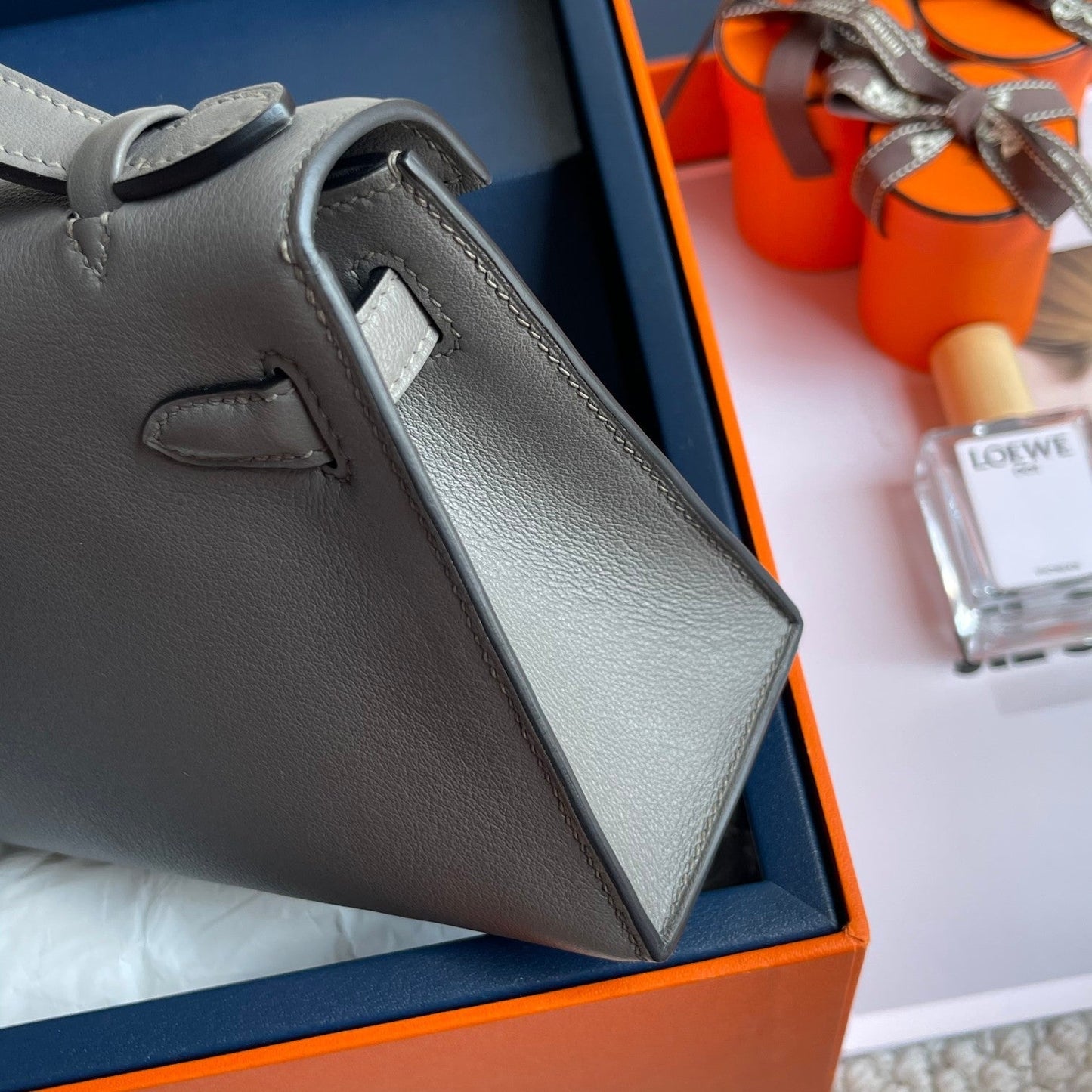 Pochette HM Kelly 22 cm Gris fumé Swift Ferrures argentées