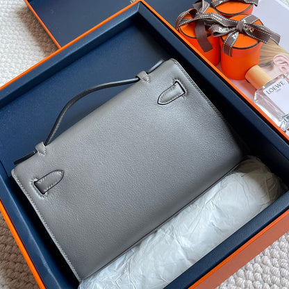 Pochette HM Kelly 22 cm Gris fumé Swift Ferrures argentées