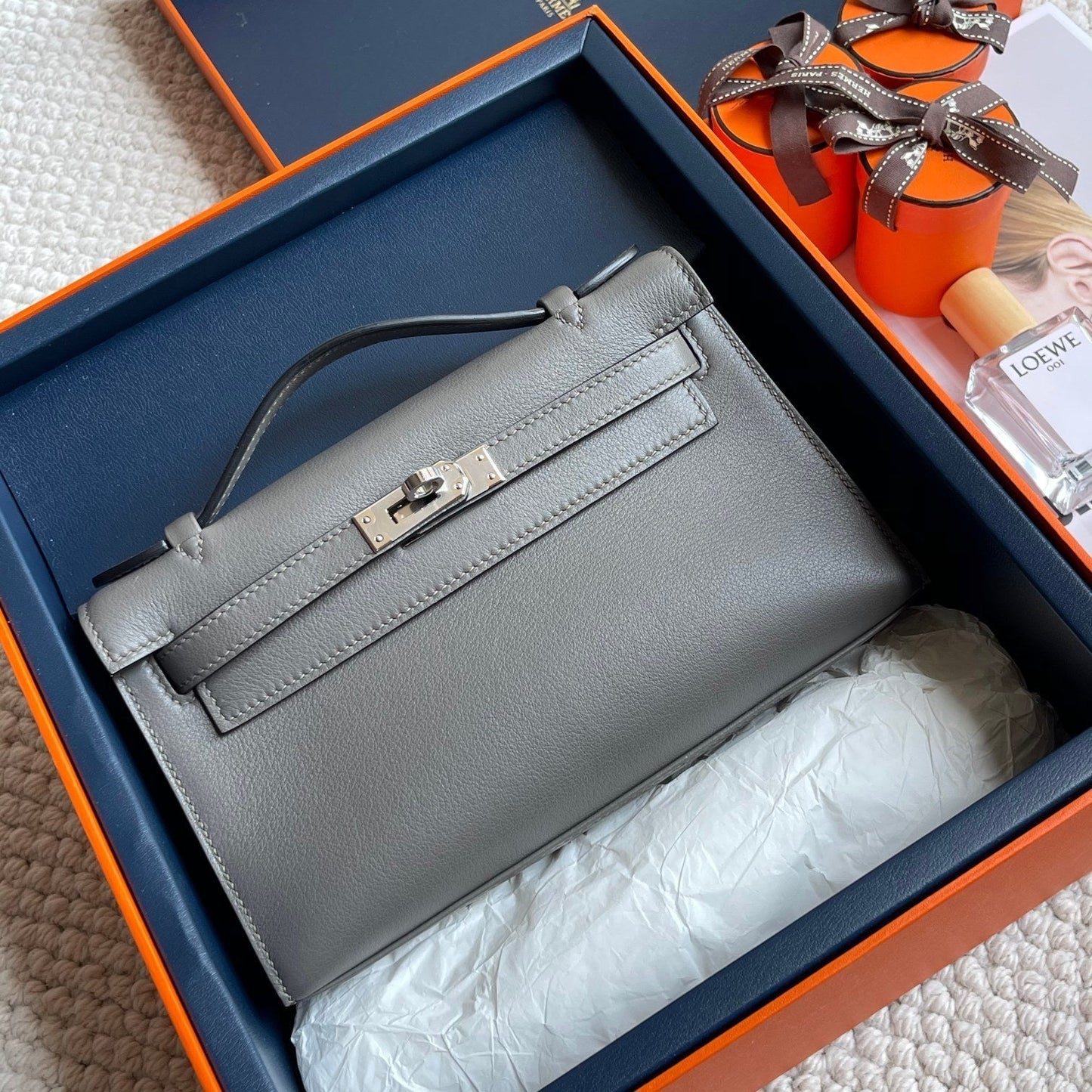 Pochette HM Kelly 22 cm Gris fumé Swift Ferrures argentées