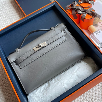 Pochette HM Kelly 22 cm Gris fumé Swift Ferrures argentées