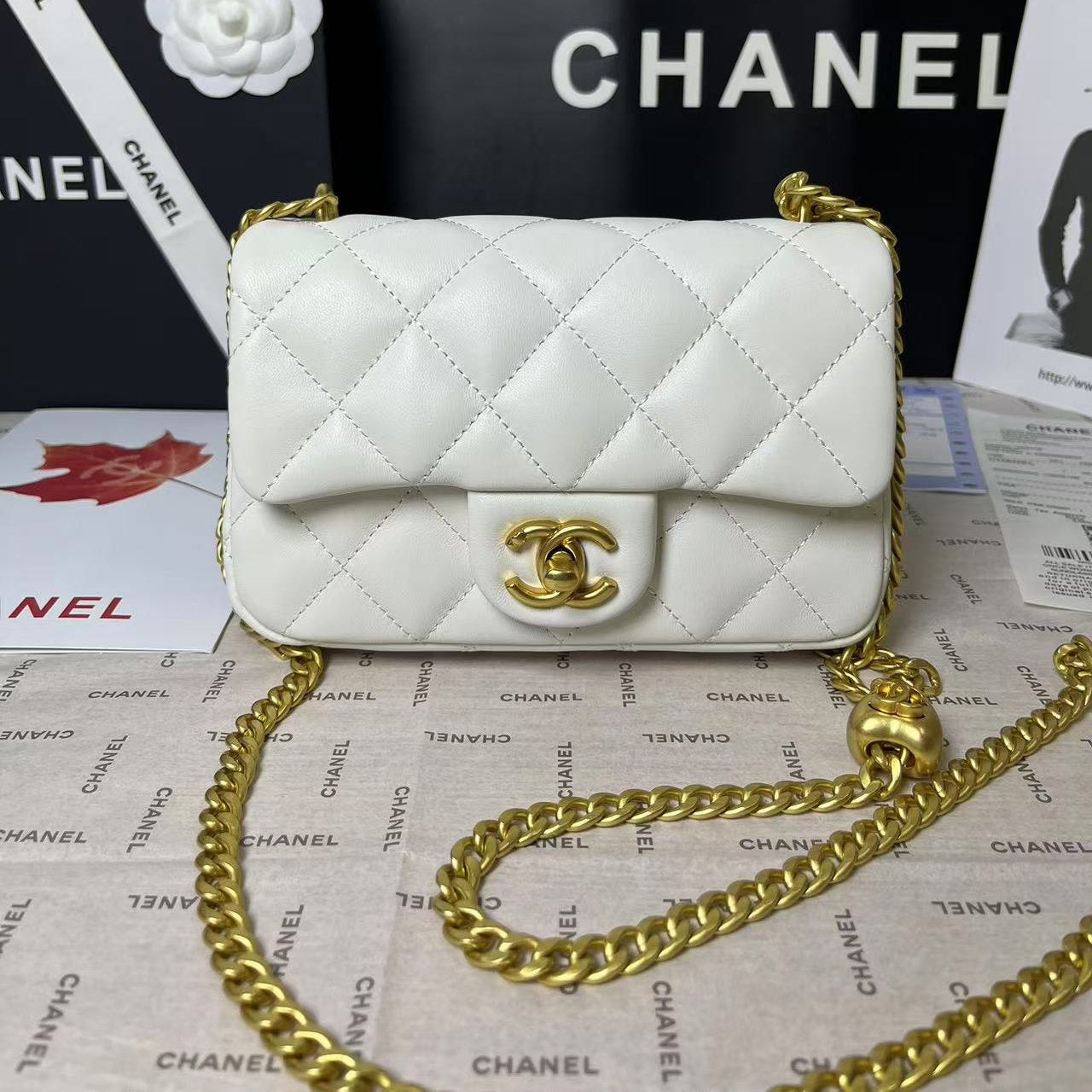 Mini rabat 25C 19 cm en cuir d'agneau blanc avec ferrures en forme de cœur doré