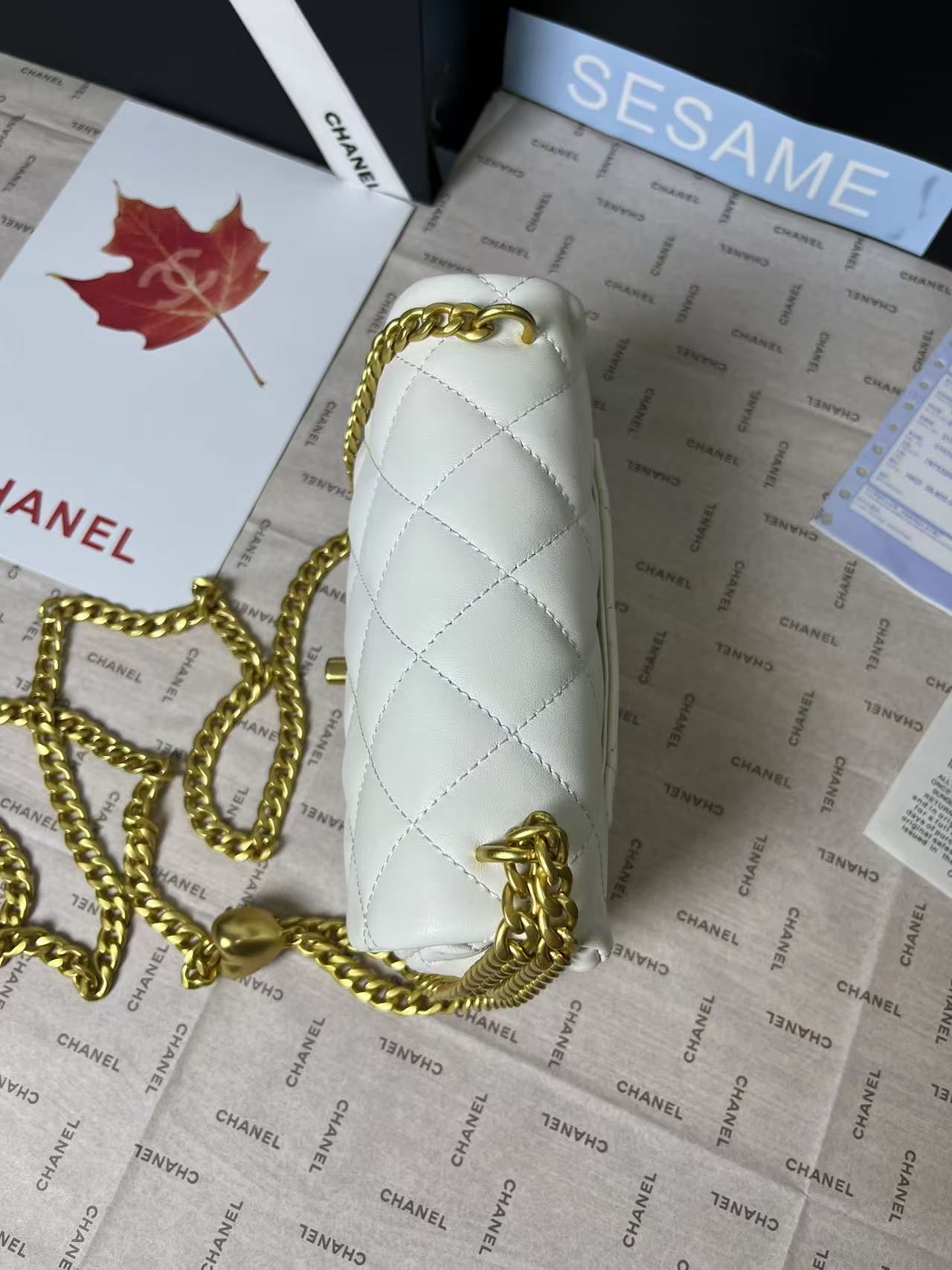 Mini rabat 25C 19 cm en cuir d'agneau blanc avec ferrures en forme de cœur doré