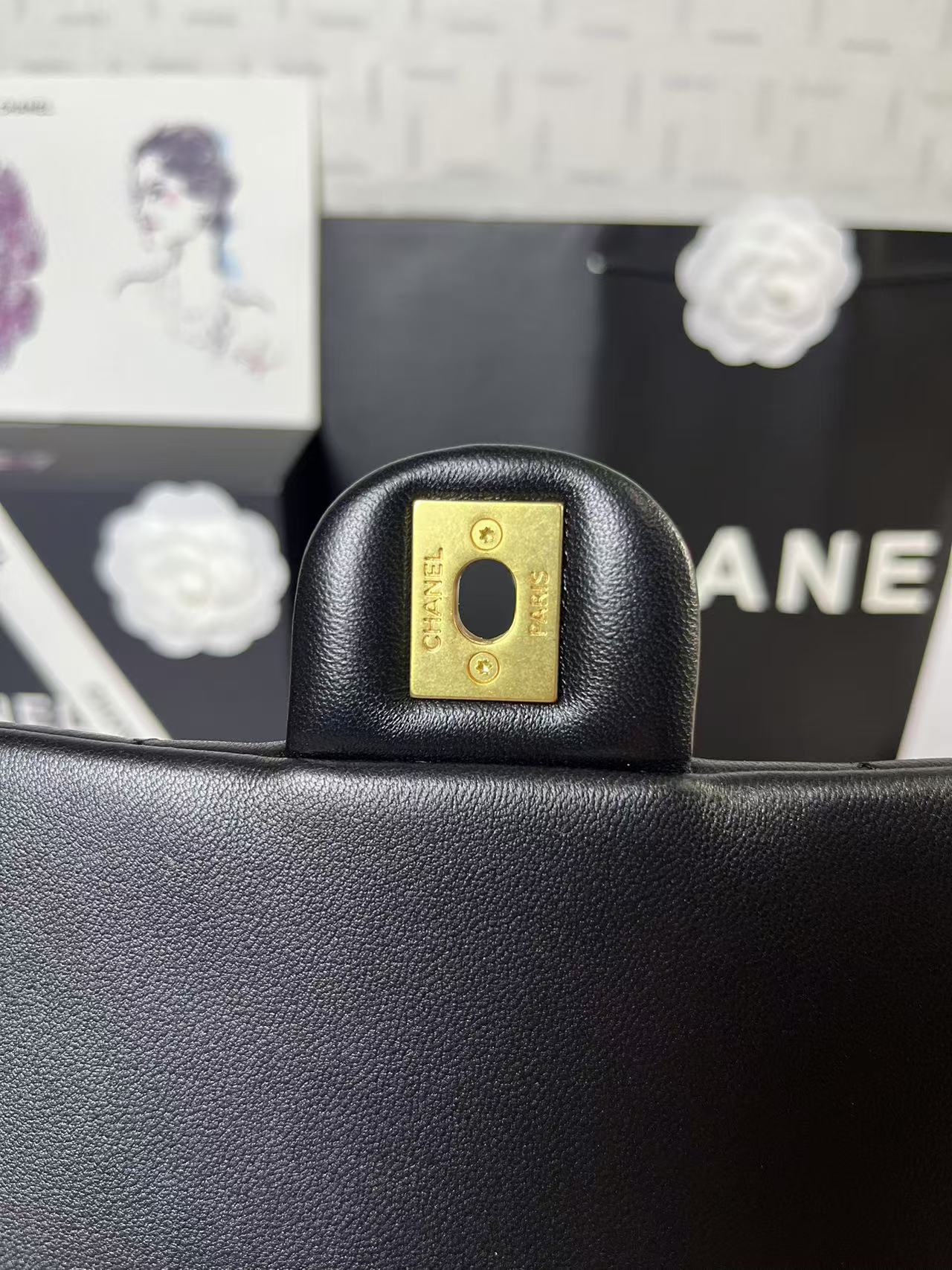 25C ミニフラップ 24cm ブラック ラムスキン ゴールドハート金具