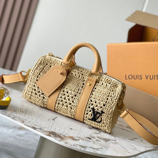 Keepall Bandouliere 25 cm en raphia beige et cuir de veau tan
